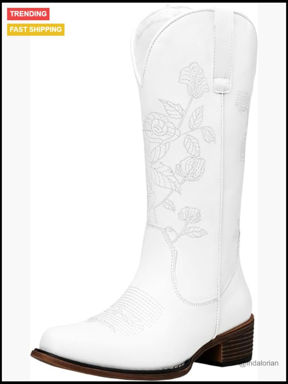 Western Cowboy Boots Mid Calf Embroidery Flower Cowgirl Boots Low Heel Side